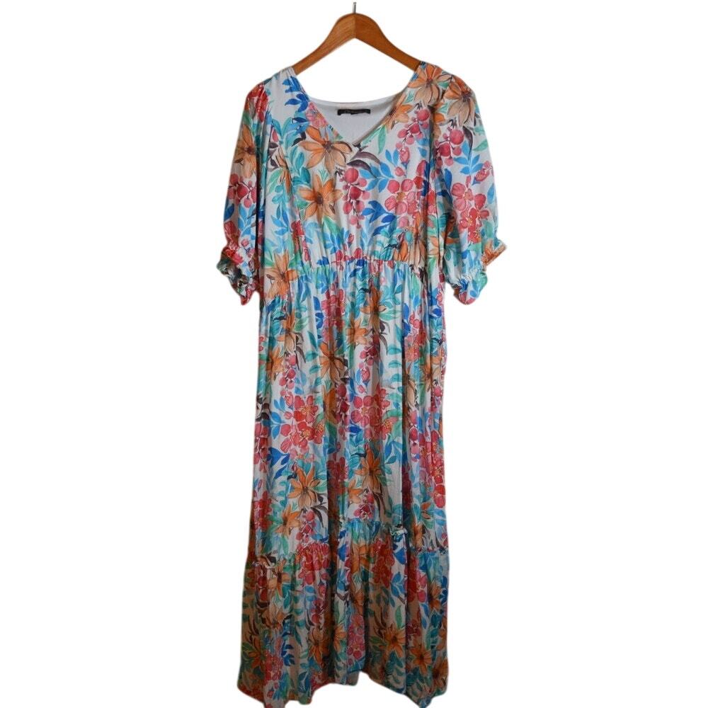 Calessa 1X Floral Maxi Dress Blue Coral Tiered Boho Cottagecore Lined Plus Size